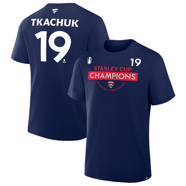 Men's Florida Panthers #19 Matthew Tkachuk NNavy 2025 Stanley Cup Champions Authentic Pro Name & Number T-Shirt